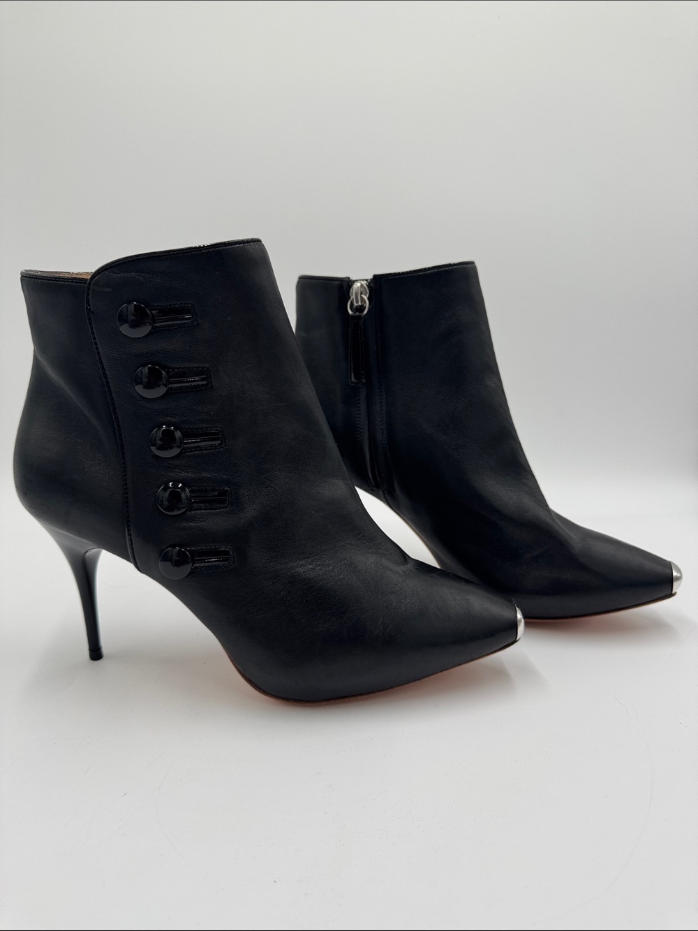 Alexander McQueen Black Leather Metal Toe Button Ankle Boots Heels 37